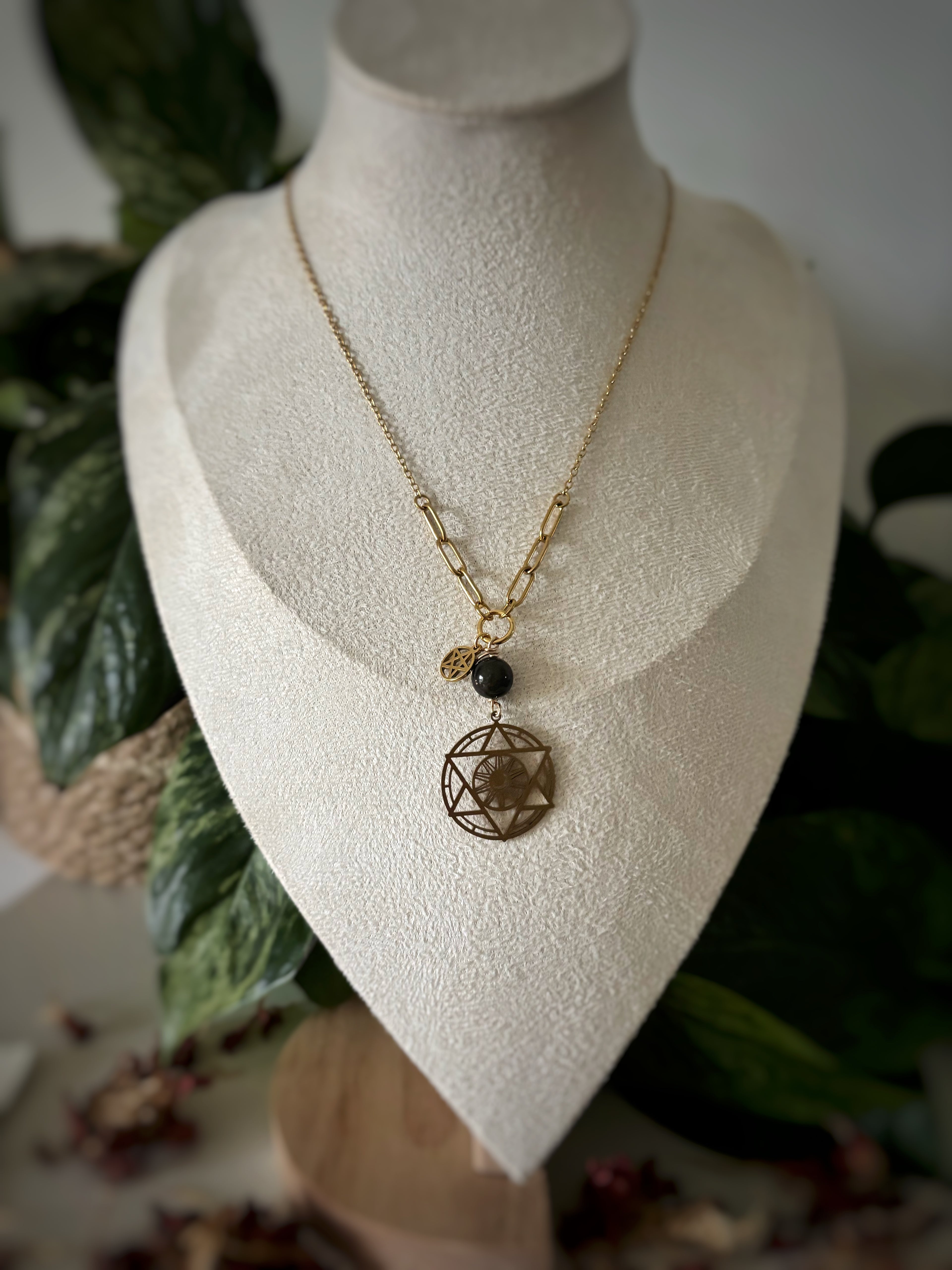 Collier Pentacle & Obsidienne Dorée
